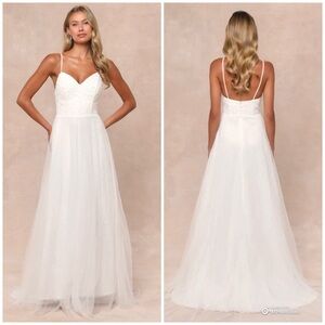 Lulus XL Love Perfection White Lace Tulle Pearl Beaded Wedding Dress NWT